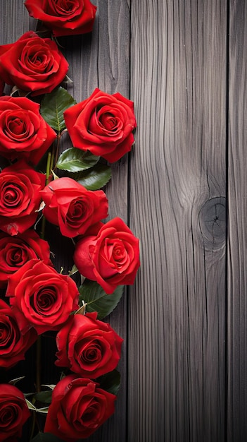 Composizione di rose rosse su tavolo di legno