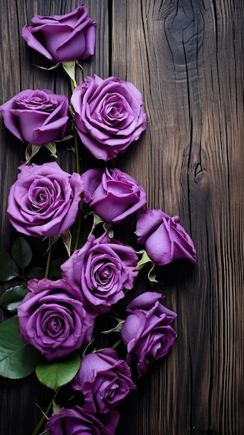 Composizione di rose viola su un tavolo di legno