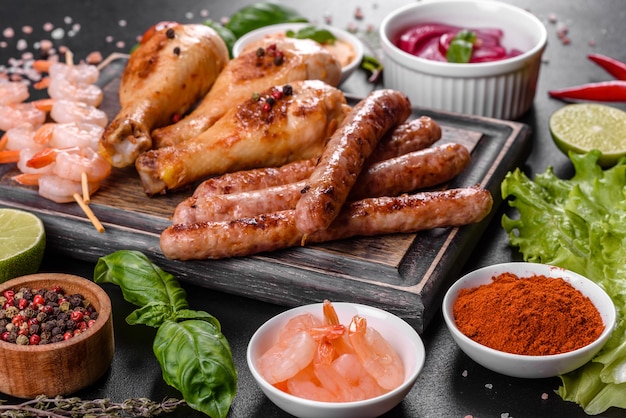 Composizione di salsicce, pollo, maiale e gamberi preparati alla griglia, nonché verdure preparate alla griglia con spezie ed erbe aromatiche. Cucinare sul fuoco