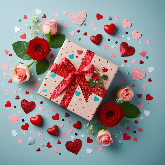 Composizione di San Valentino Scatola regalo di auguri con cuori di confetti e rose su sfondo blu