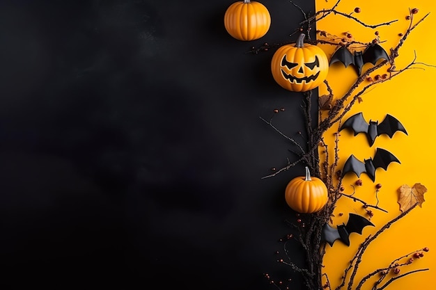Composizione di sfondo concetto di Halloween con zucche e pipistrelli su sfondo nero ai generato