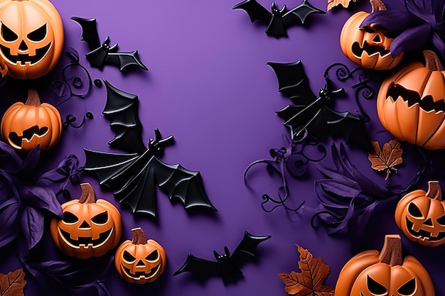 Composizione di sfondo concetto di Halloween con zucche e pipistrelli su sfondo viola ai generato