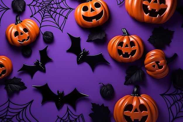 Composizione di sfondo concetto di Halloween con zucche e pipistrelli su sfondo viola ai generato