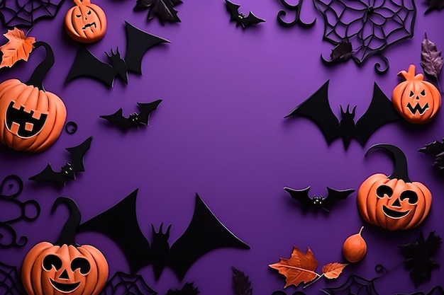 Composizione di sfondo concetto di Halloween con zucche e pipistrelli su sfondo viola ai generato