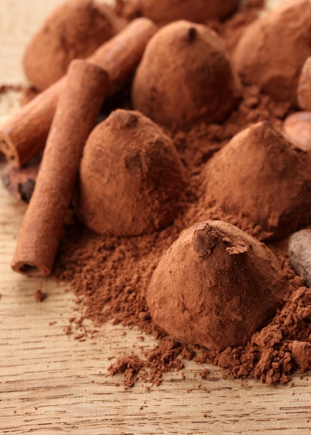 Composizione di tartufi di cioccolato cacao e spezie su fondo di legno