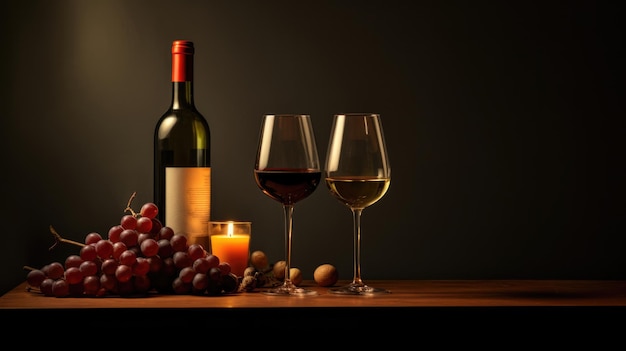 Composizione di vino rosso e bianco con illuminazione d'atmosfera