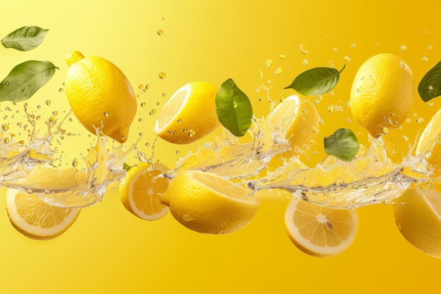 Composizione dinamica del limone volante Segmenti di limone con spruzzo d'acqua