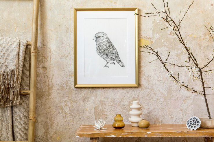 Foto composizione elegante dell'interno del soggiorno con cornice dorata, panca in legno, decorazione, scala, vasi ed eleganti accessori personali nell'arredamento moderno della casa.