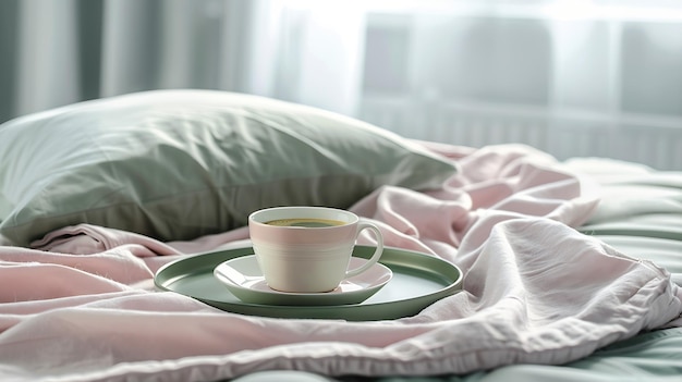 Composizione elegante dell'interno della camera da letto con vassoio lastrico con caffè ed elegante p Generativa AI