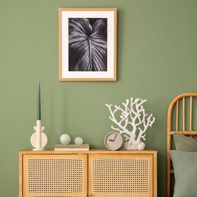 Composizione elegante dell'interno della camera da letto moderna Mock up poster con cornice in rattan comò bellissime lenzuola e accessori personali creativi Muro verde Sgae Modello spazio copia xA