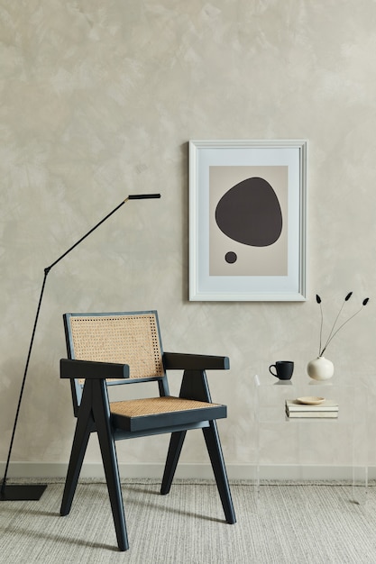Composizione elegante dell'interno minimalista del soggiorno con cornice poster mock up, poltrona in legno, tavolino creativo ed eleganti accessori personali. Parete creativa neutra. Modello.