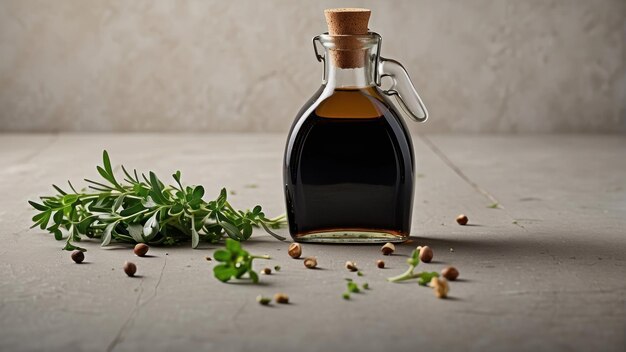 Composizione elegante di aceto balsamico con erbe