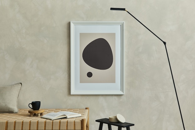 Composizione elegante di interni accoglienti del soggiorno con cornice per poster finta, cuscino sulla chaise longue ed eleganti accessori personali. Muro beige neutro. Modello.