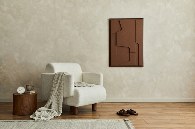 Composizione elegante di interni moderni e accoglienti del soggiorno con pittura della struttura, poltrona beige, tavolino in legno e accessori personali. Parete creativa neutra, moquette sul pavimento. Modello.