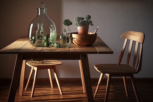 Composizione elegante e accogliente del tavolo in legno di quercia artigianale Illustrazione AI Generative
