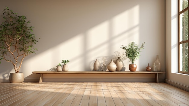 Composizione estetica minimalista dell'interno del soggiorno japandi Lunga panca in legno vasi decorativi piante esotiche nel pavimento vasi pavimento in legno grandi finestre Decorazioni per la casa Modello