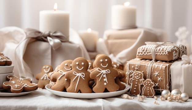Composizione festiva con oggetti di scena, scatole regalo, biscotti, giocattoli e palline su sfondo bianco