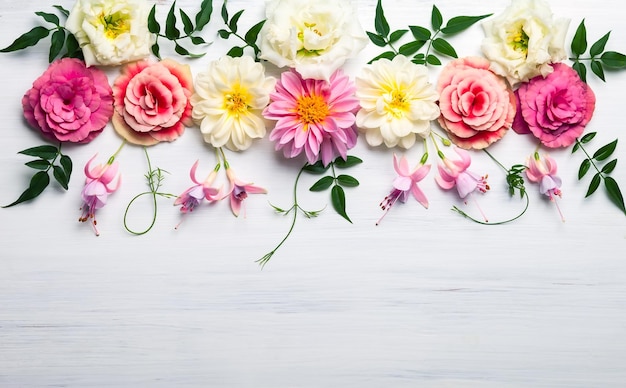 Composizione festosa di fiori sullo sfondo di legno bianco Vista dall'alto