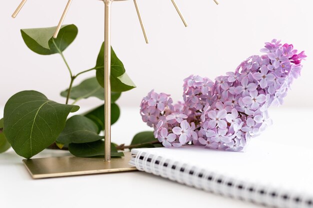 Composizione flatlay con blocco note in carta bianca specchio fiore lilla su sfondo bianco in legno Piatto