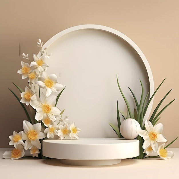 composizione floreale con fiori di narciso e un podio rotondo