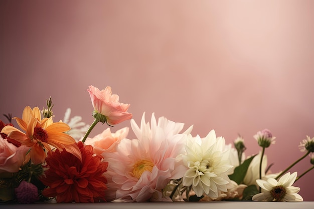 Composizione floreale con fiori freschi colorati su sfondo sfumato rosa Festa della donna Festa della mamma