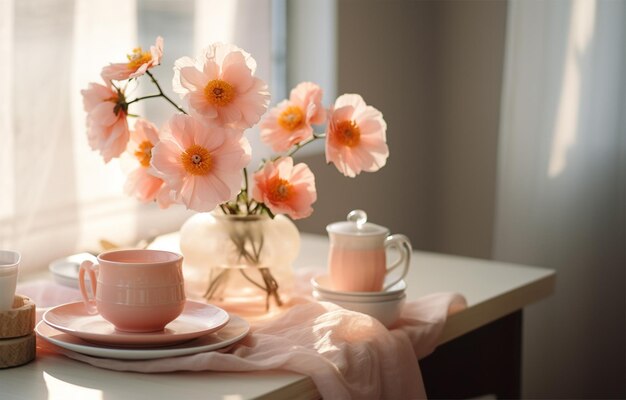 Composizione floreale con fiori rosa primaverili in vaso vintage IA generativa