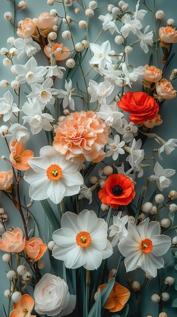 Composizione floreale con narcisi bianchi e garofani