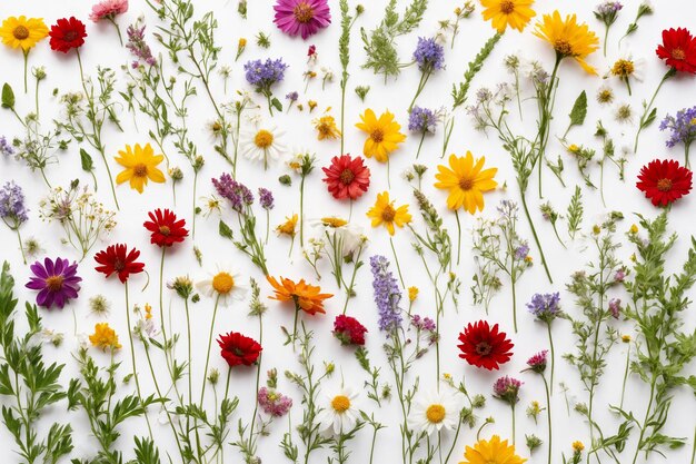 Composizione floreale Fiori selvatici colorati su uno sfondo bianco vista dall'alto Sfondi floreali astratti