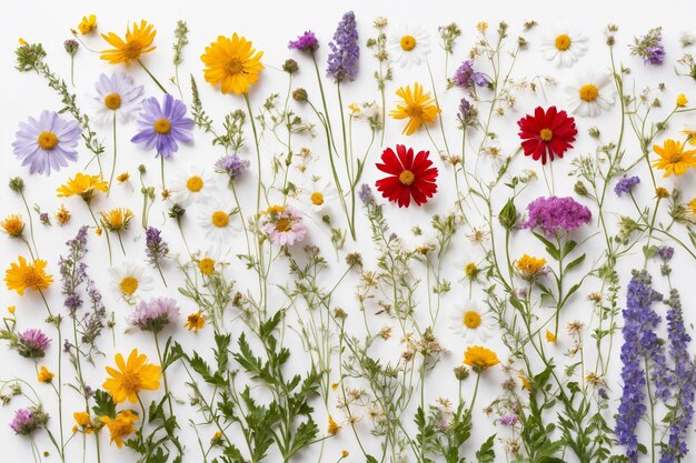 Composizione floreale Fiori selvatici colorati su uno sfondo bianco vista dall'alto Sfondi floreali astratti