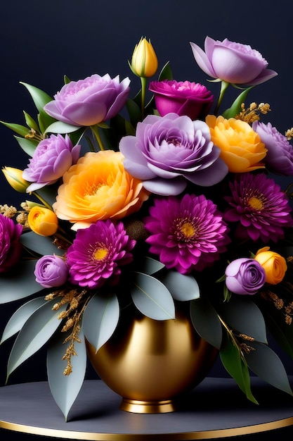 Composizione floreale in stile elegante con fiori viola grigio scuro e vegetazione lussureggiante