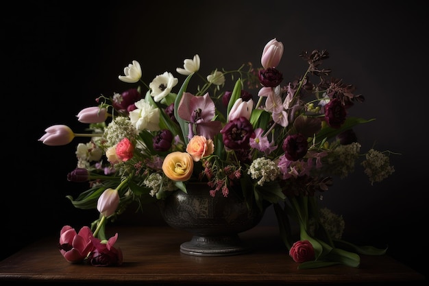 Composizione floreale sommessa con tulipani e altre fioriture stagionali