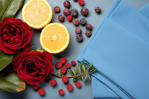 Composizione fotografica a tema natalizio Rosa canina fiori limon e mussola di cotone azzurro polvere