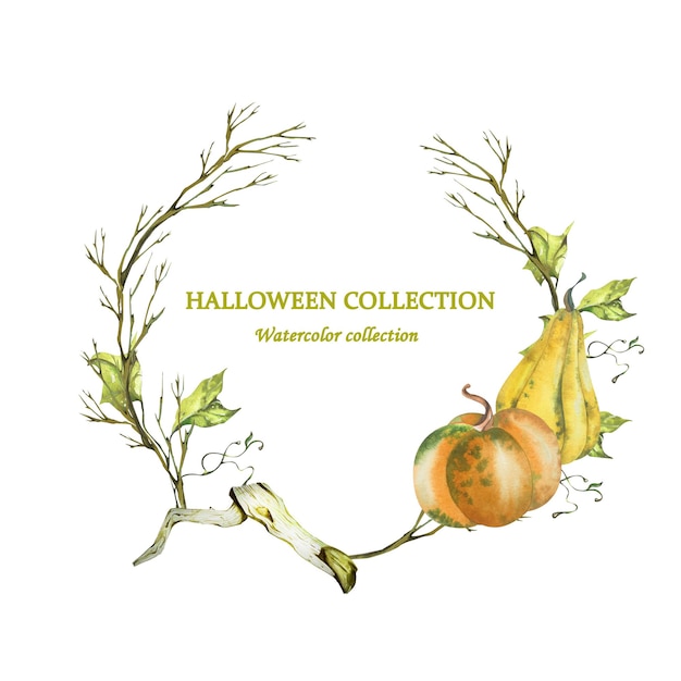 Composizione Ghirlanda dalla collezione Halloween Branchi di alberi Foglie di zucche Acquerello Illustrazione per imballaggi per le vacanze Cartoline postali Inviti siti web Accessoiri Abbigliamento