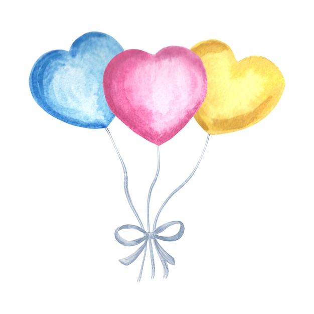 Composizione in acquerello di colorati palloncini a forma di cuore legati con un arco disegnato a mano