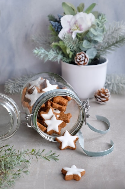 Composizione in Natale con barattolo di gustosi biscotti allo zenzero