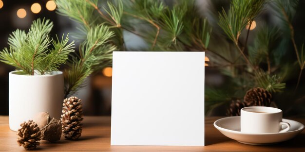 Composizione invernale di Natale Scena mockup di biglietto di auguri vuoto Tazza di caffè confezione regalo pigne rami di abete forbici nere e candela su sfondo bianco di biancheria da tavola Vista piatta dall'alto