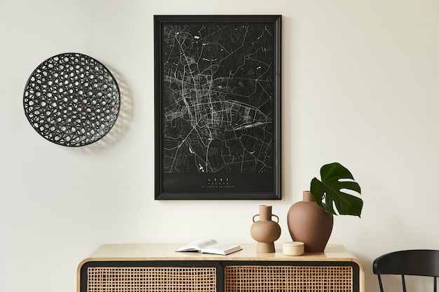 Composizione minimalista dell'interno del soggiorno con mappa poster nera, comò in legno, decorazione rotonda nera, foglia in vasi ed eleganti accessori personali.