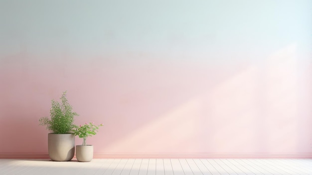 Composizione minimalista di parete rosa e vaso bianco con piante