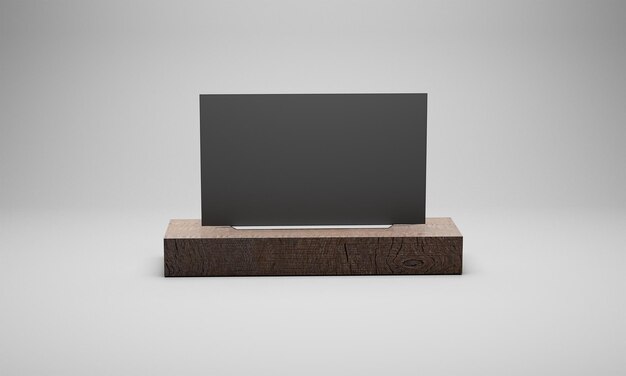 Composizione minimalista. Una grande TV moderna sta su un supporto di legno su uno sfondo grigio dello studio. Può essere usato come isolato. Rendering 3D.