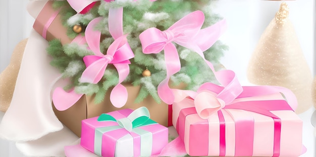 Composizione natalizia Albero di Natale decorato e regali in rosa e verde