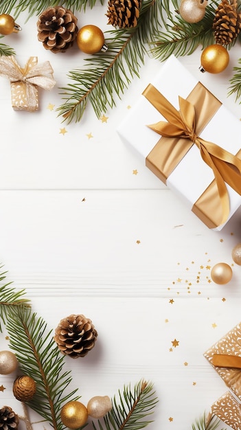 Composizione natalizia con rami di abete pigne scatole regalo etichetta e nastri Disposizione piatta con spazio vuoto per la copia