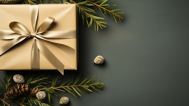 Composizione natalizia con regali confezionati e rami di abete fresco con spazio di copia generato dall'IA