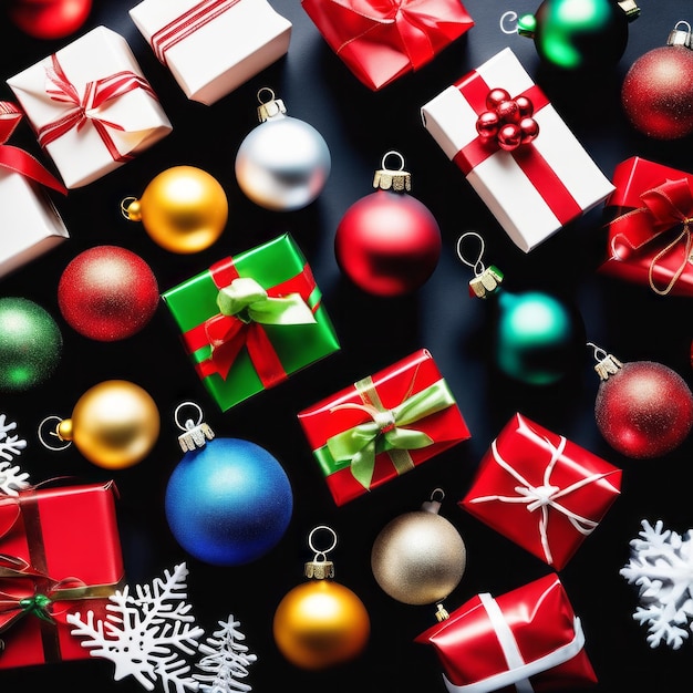 Composizione natalizia con regali e decorazioni natalizie su uno sfondo scuro