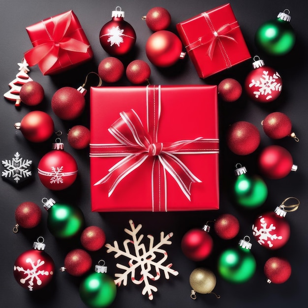 Composizione natalizia con regali e decorazioni natalizie su uno sfondo scuro