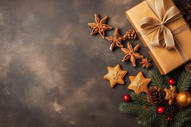 Composizione natalizia con scatole regalo, palline di carta, rami di abete, pigne con spazio di copia Natale