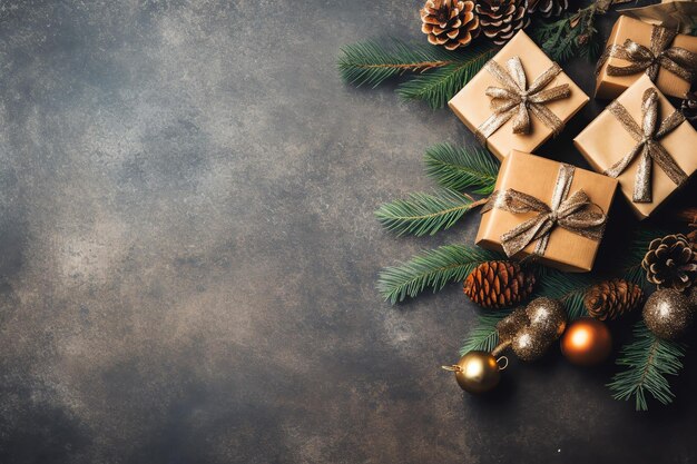 Composizione natalizia con scatole regalo, palline di carta, rami di abete, pigne con spazio di copia Natale