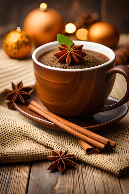 composizione natalizia con una tazza di spezie per il tè su un elemento lavorato a maglia