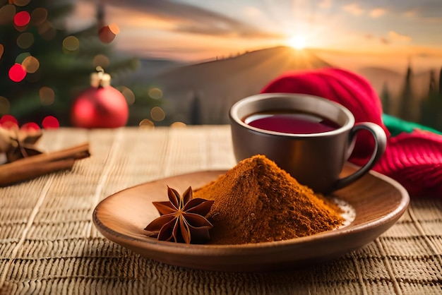 composizione natalizia con una tazza di spezie per il tè su un elemento lavorato a maglia