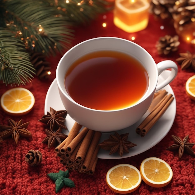 composizione natalizia con una tazza di tè spezie su un elemento a maglia sfondo di bevande natalizie