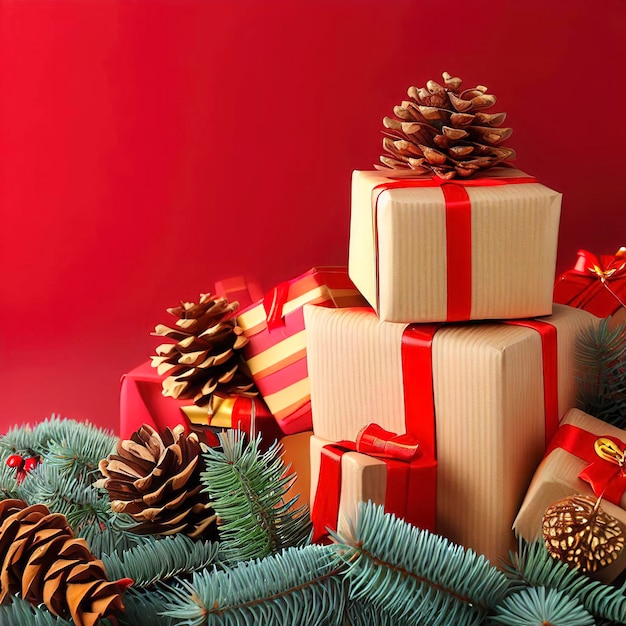 Composizione natalizia di pigne rami di abete e pila di scatole regalo su sfondo rosso